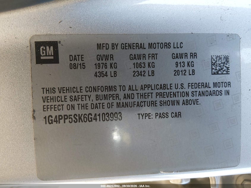 BUICK VERANO 2016 VIN 1G4PP5SK6G4103993