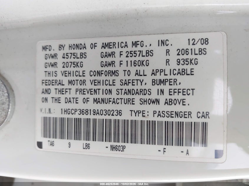 HONDA ACCORD SDN 2009 VIN 1HGCP36819A030236