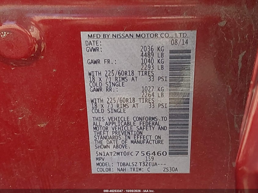 NISSAN ROGUE 2015 VIN 5N1AT2MT0FC756460