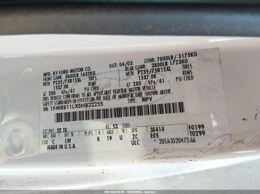 FORD E-150 2003 VIN 1FMRE11LX3HB32255