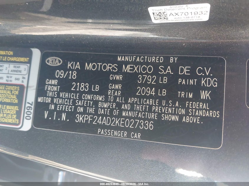 KIA FORTE 2019 VIN 3KPF24AD2KE027336