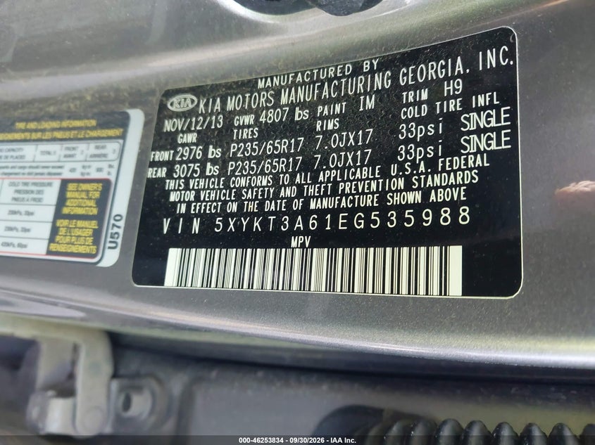 KIA SORENTO 2014 VIN 5XYKT3A61EG535988