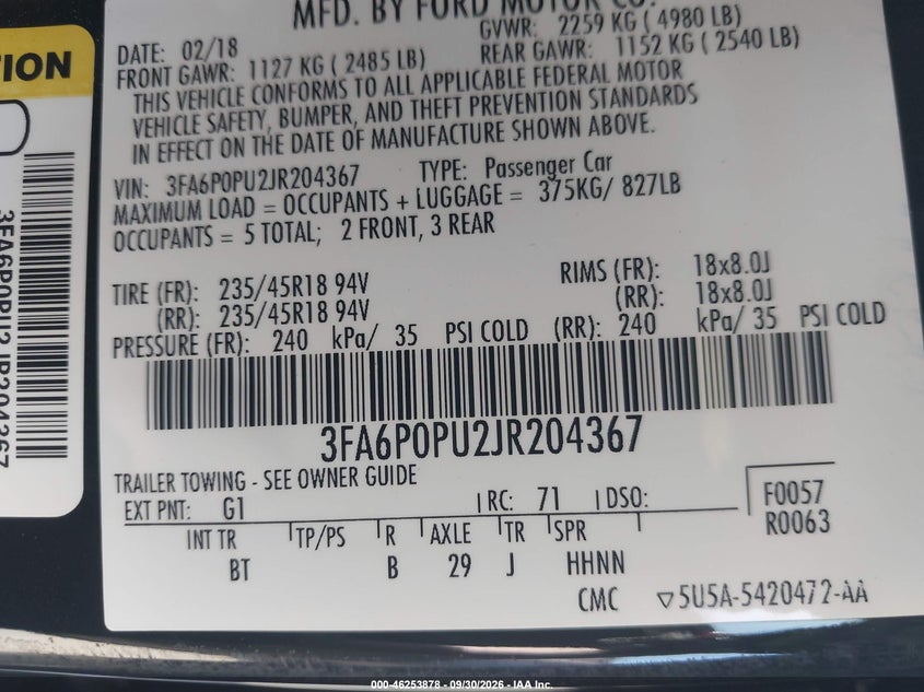 FORD FUSION ENERGI 2018 VIN 3FA6P0PU2JR204367