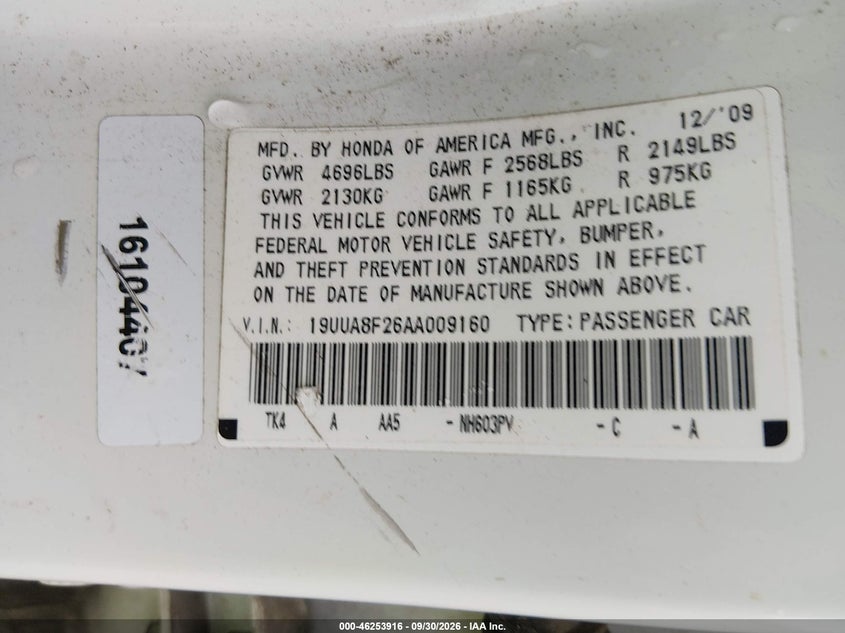 ACURA TL 2010 VIN 19UUA8F26AA009160