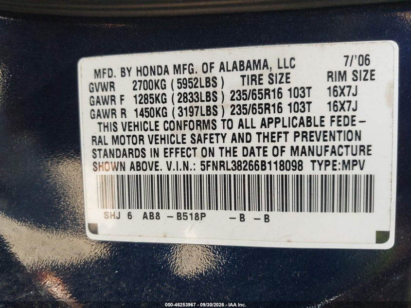 HONDA ODYSSEY 2006 VIN 5FNRL38266B118098