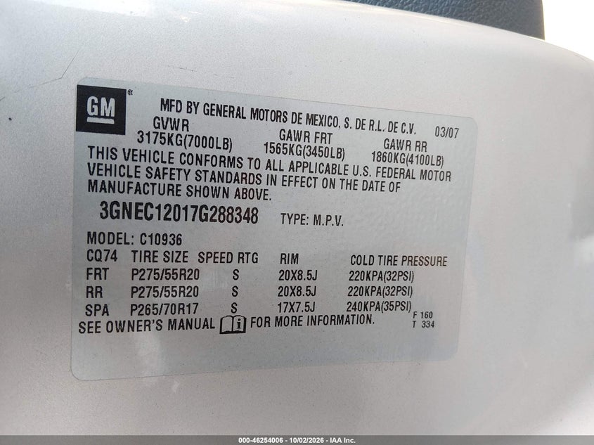 CHEVROLET AVALANCHE 1500 2007 VIN 3GNEC12017G288348