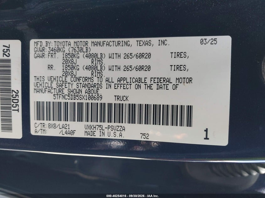 TOYOTA TUNDRA HYBRID 2025 VIN 5TFNC5DB5SX100689
