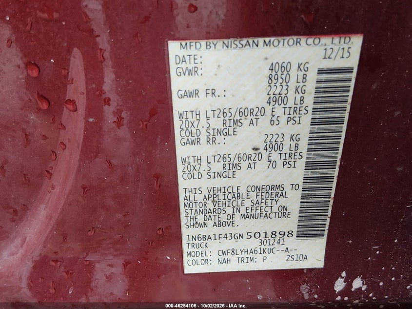 NISSAN TITAN XD 2016 VIN 1N6BA1F43GN501898