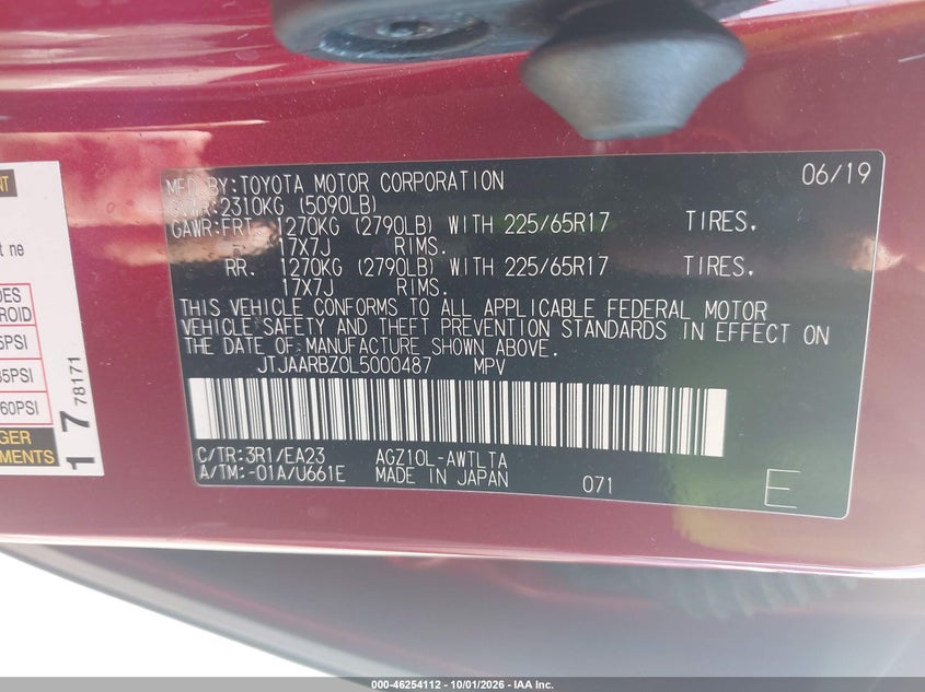 LEXUS NX 300 2020 VIN JTJAARBZ0L5000487