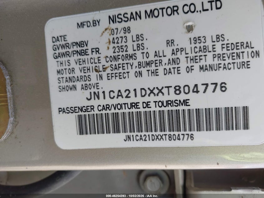 NISSAN MAXIMA 1999 VIN JN1CA21DXXT804776