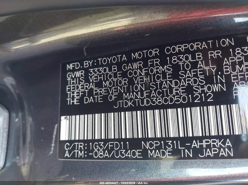 TOYOTA YARIS 2012 VIN JTDKTUD38CD501212
