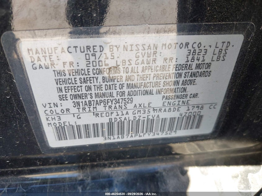 NISSAN SENTRA 2015 VIN 3N1AB7AP6FY347529