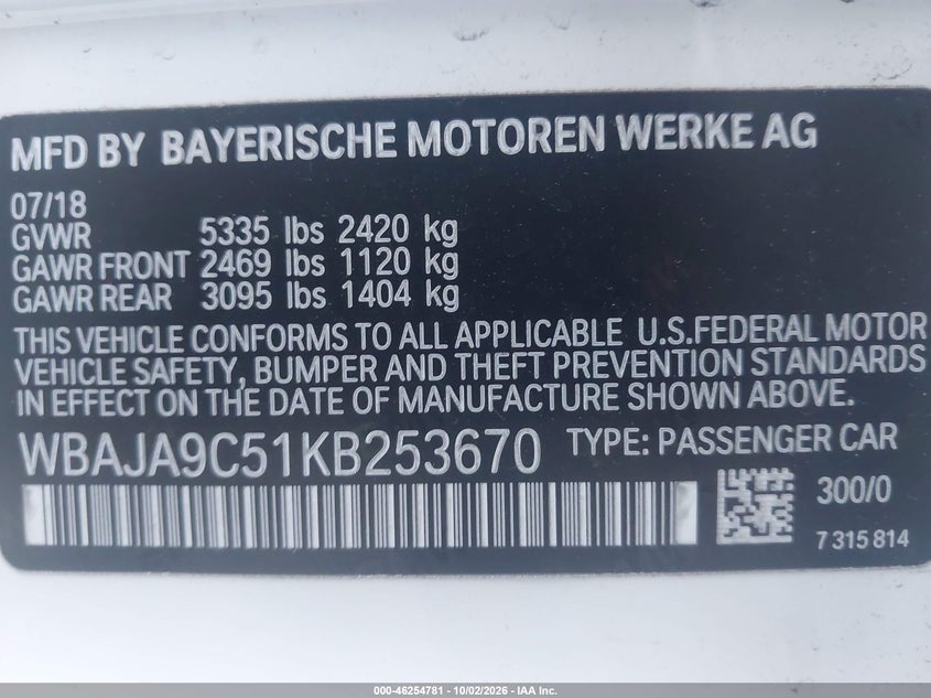 BMW 530E 2019 VIN WBAJA9C51KB253670