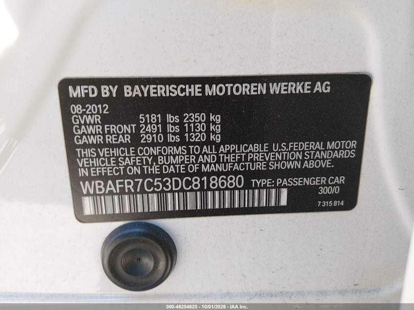 BMW 535I 2013 VIN WBAFR7C53DC818680