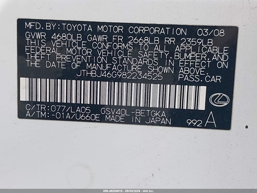 LEXUS ES 350 2008 VIN JTHBJ46G982234525