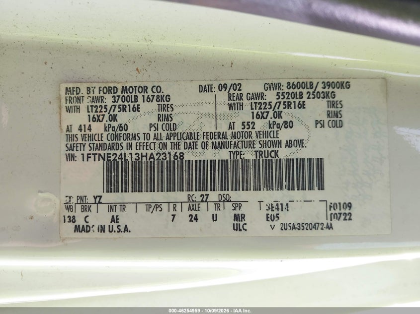 FORD E-250 2003 VIN 1FTNE24L13HA23168
