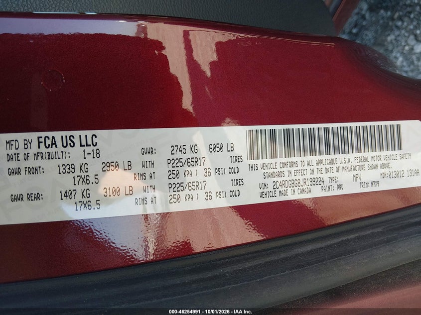 DODGE GRAND CARAVAN 2018 VIN 2C4RDGBG8JR199224
