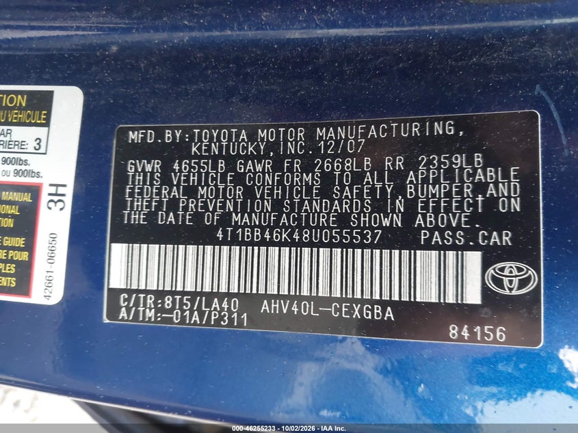 TOYOTA CAMRY HYBRID 2008 VIN 4T1BB46K48U055537