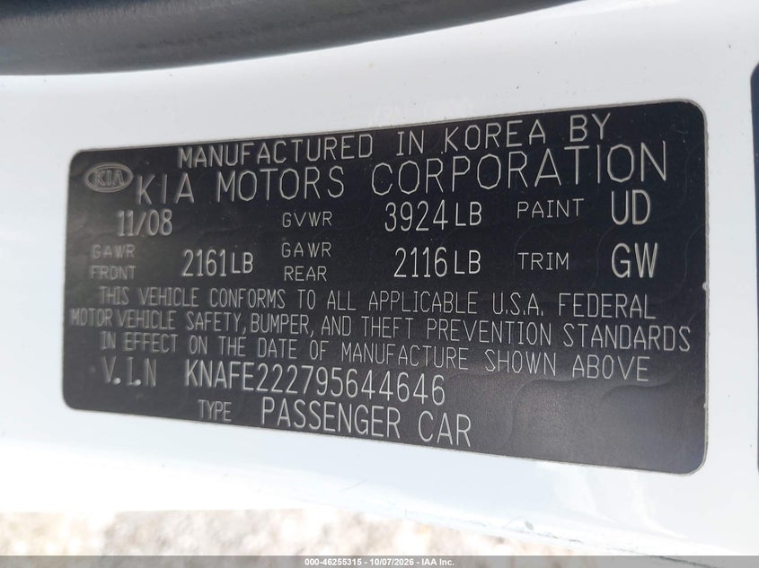 KIA SPECTRA 2009 VIN KNAFE222795644646