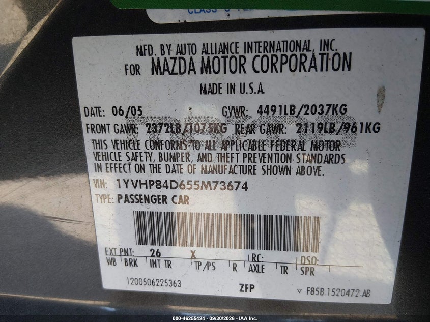 MAZDA MAZDA6 2005 VIN 1YVHP84D655M73674