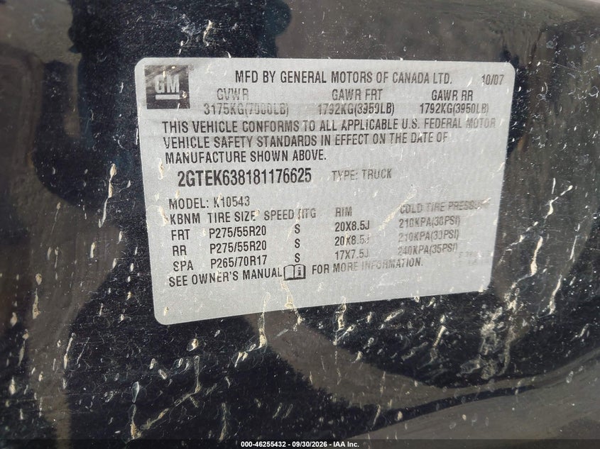 GMC SIERRA 1500 2008 VIN 2GTEK638181176625