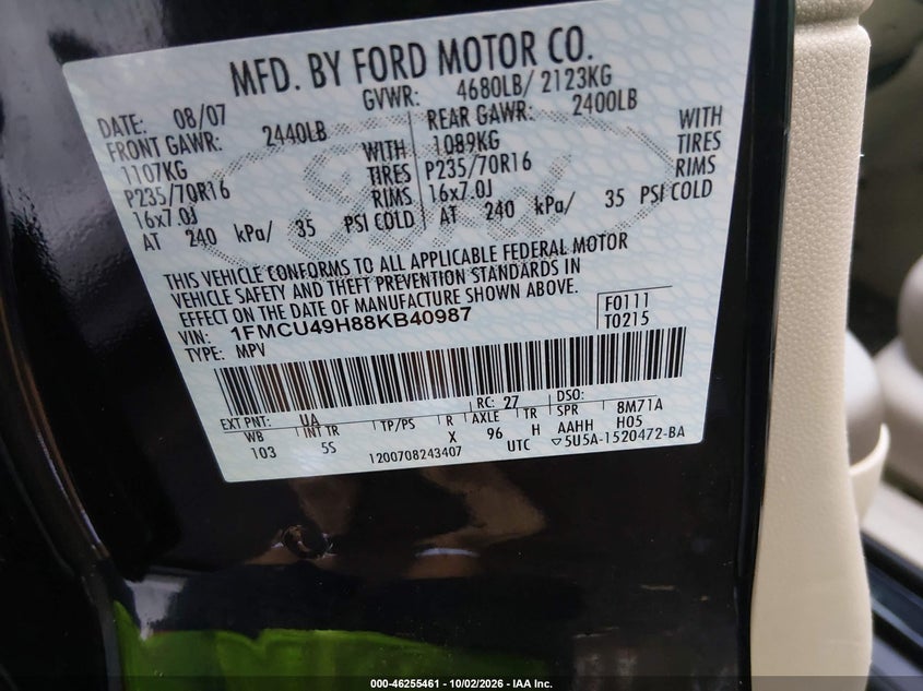 FORD ESCAPE HYBRID 2008 VIN 1FMCU49H88KB40987