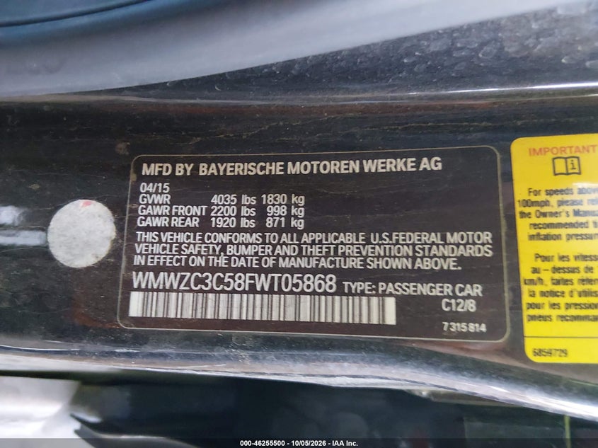MINI COUNTRYMAN 2015 VIN WMWZC3C58FWT05868