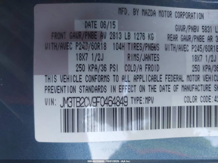 MAZDA CX-9 2015 VIN JM3TB2CV9F0464849