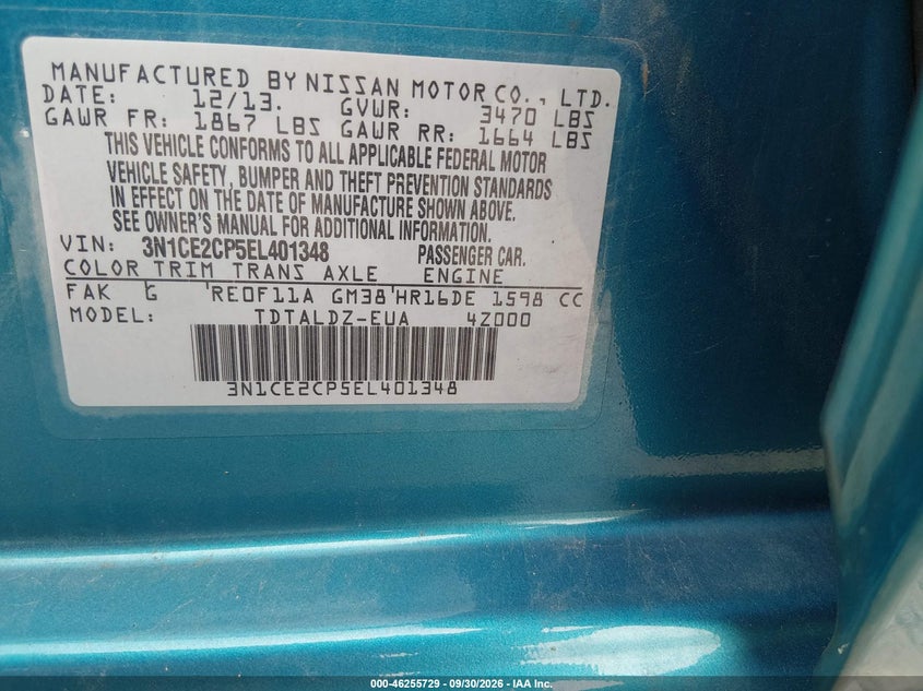NISSAN VERSA NOTE 2014 VIN 3N1CE2CP5EL401348