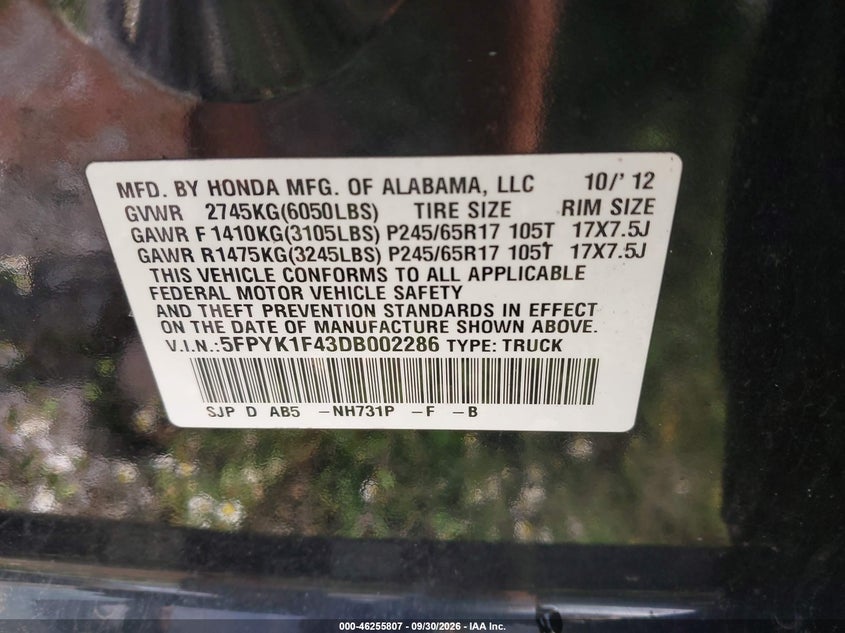 HONDA RIDGELINE 2013 VIN 5FPYK1F43DB002286