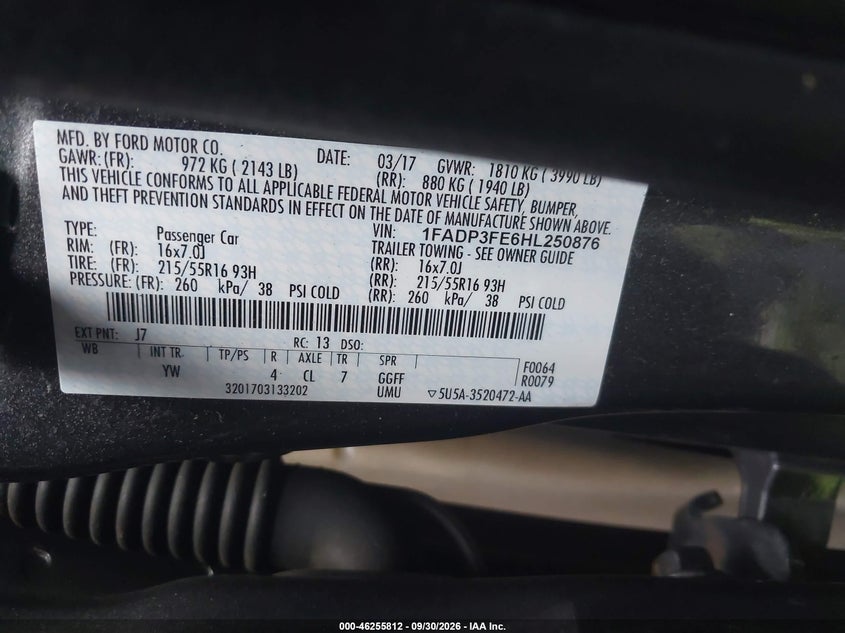 FORD FOCUS 2017 VIN 1FADP3FE6HL250876