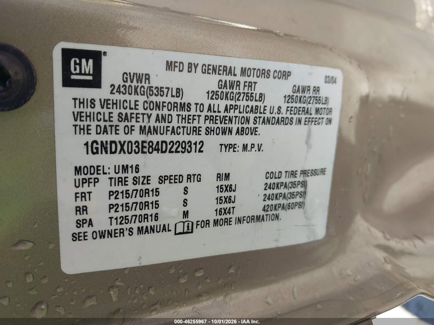 CHEVROLET VENTURE 2004 VIN 1GNDX03E84D229312