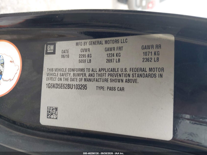 CADILLAC DTS 2011 VIN 1G6KD5E62BU103295