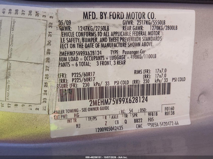 MERCURY GRAND MARQUIS 2009 VIN 2MEHM75V99X628124
