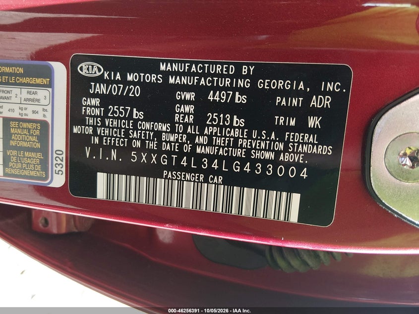 KIA OPTIMA 2020 VIN 5XXGT4L34LG433004