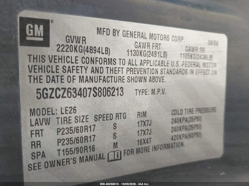 SATURN VUE 2007 VIN 5GZCZ63407S806213