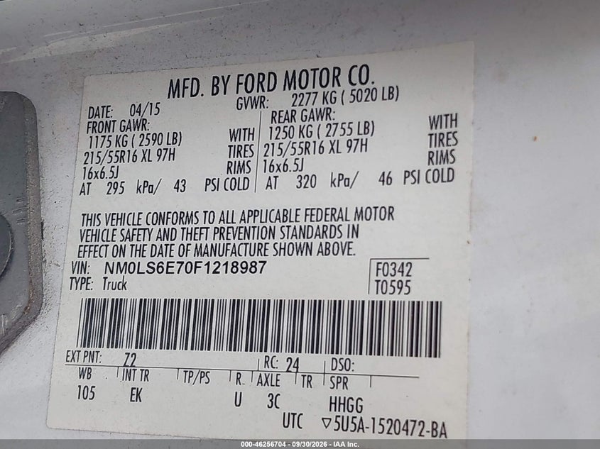 FORD TRANSIT CONNECT 2015 VIN NM0LS6E70F1218987