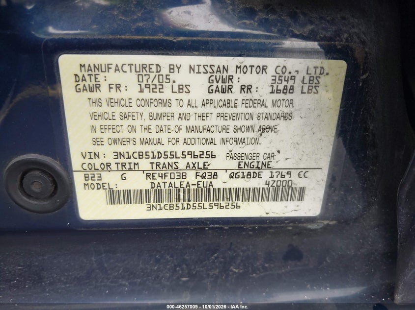 NISSAN SENTRA 2005 VIN 3N1CB51D55L596256