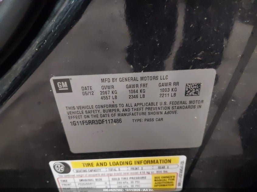 CHEVROLET MALIBU 2013 VIN 1G11F5RR3DF117486