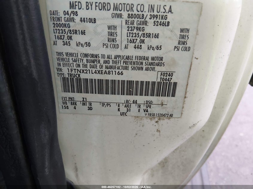 FORD F-250 1999 VIN 1FTNX21L4XEA81166