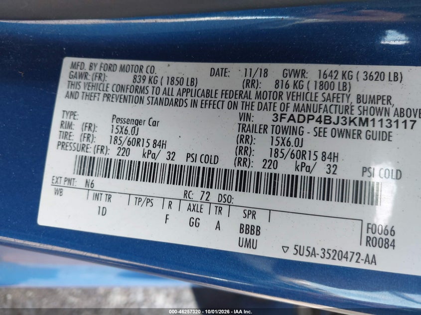 FORD FIESTA 2019 VIN 3FADP4BJ3KM113117