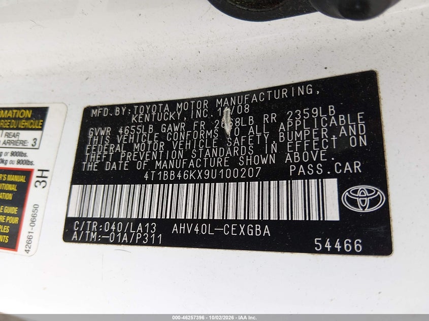 TOYOTA CAMRY HYBRID 2009 VIN 4T1BB46KX9U100207