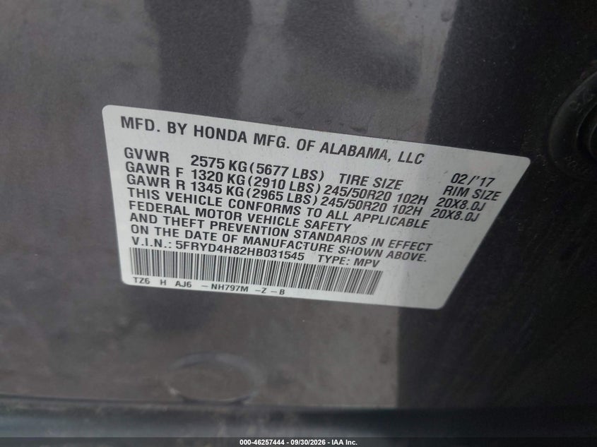 ACURA MDX 2017 VIN 5FRYD4H82HB031545