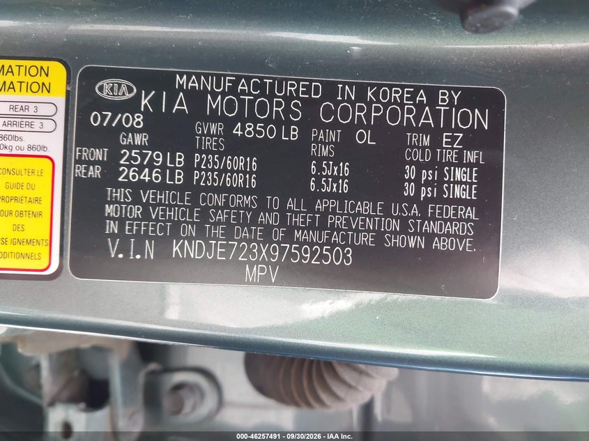 KIA SPORTAGE 2009 VIN KNDJE723X97592503