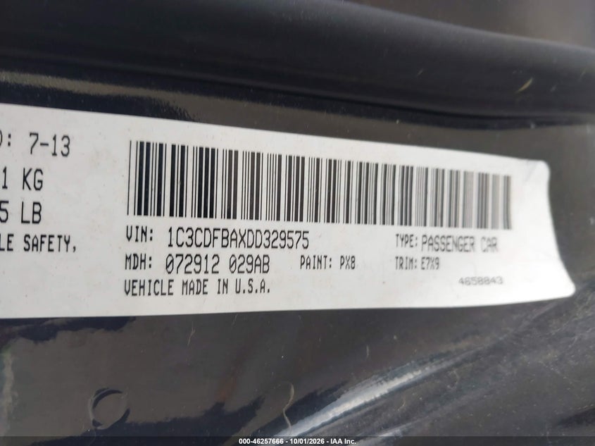DODGE DART 2013 VIN 1C3CDFBAXDD329575