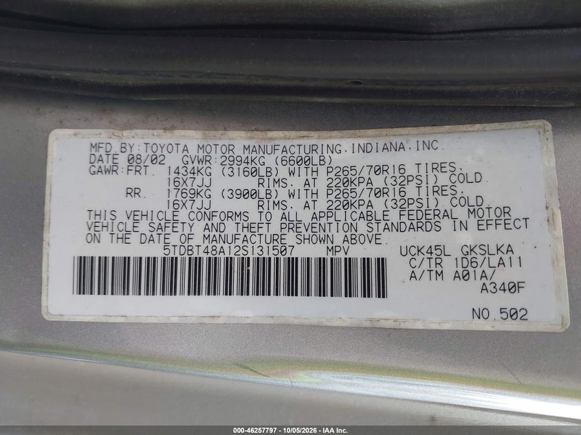 TOYOTA SEQUOIA 2002 VIN 5TDBT48A12S131507