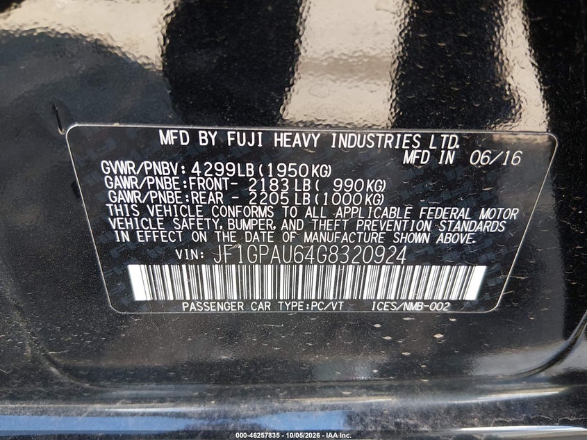 SUBARU IMPREZA 2016 VIN JF1GPAU64G8320924