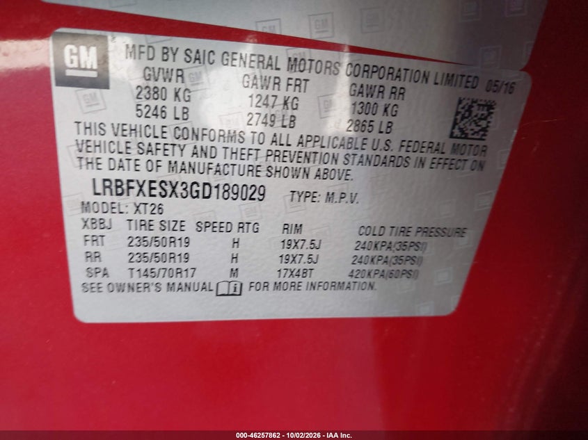 BUICK ENVISION 2016 VIN LRBFXESX3GD189029