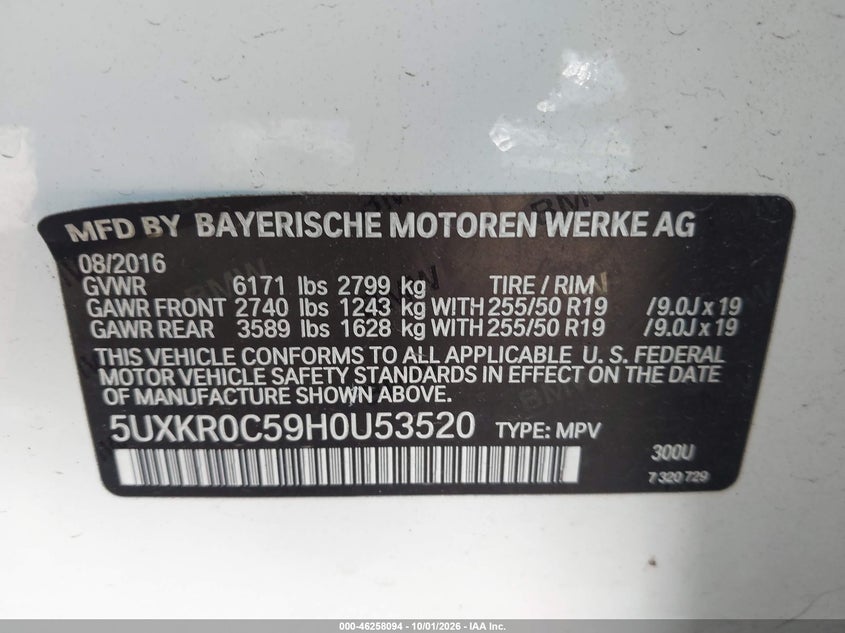 BMW X5 2017 VIN 5UXKR0C59H0U53520