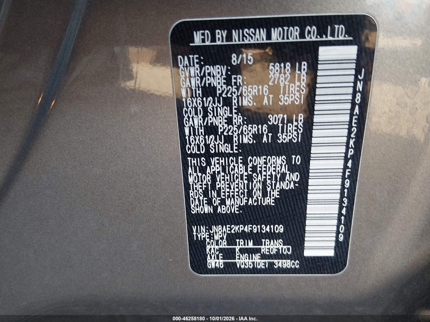 NISSAN QUEST 2015 VIN JN8AE2KP4F9134109